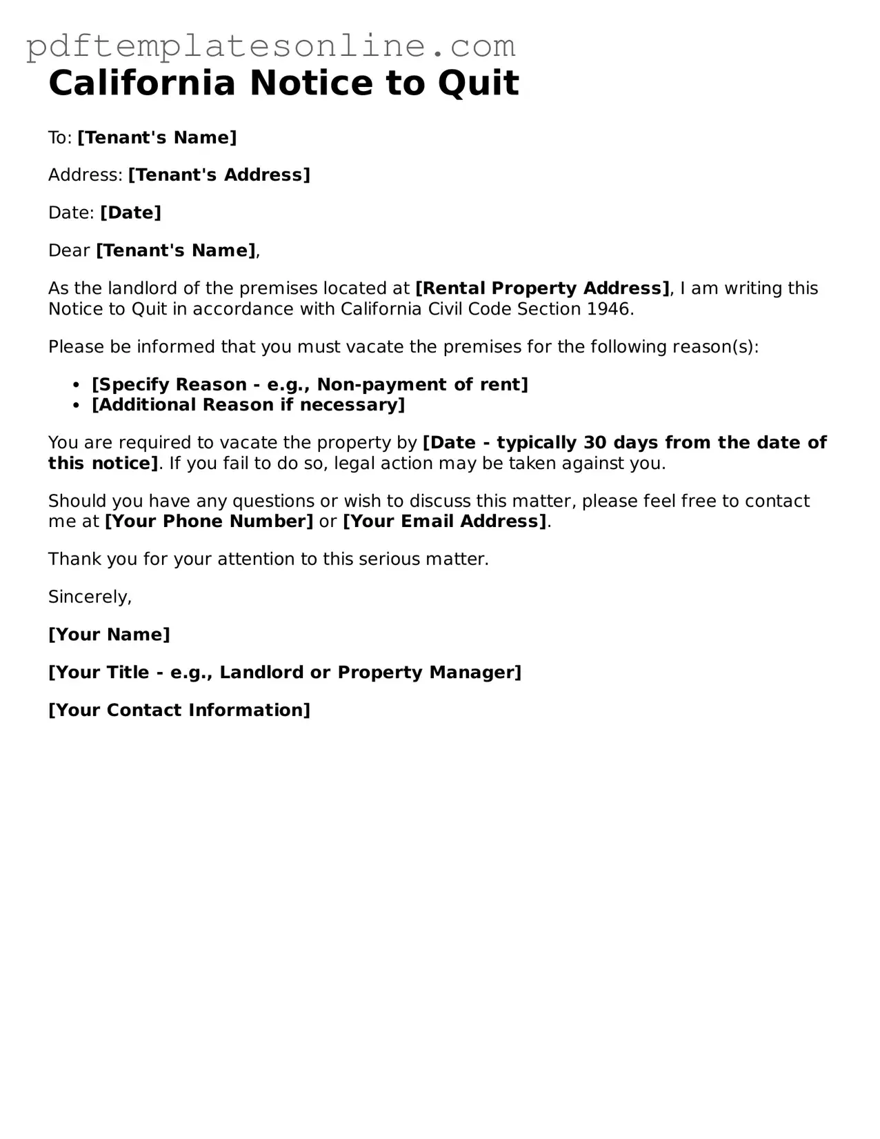 Official California Notice to Quit Document