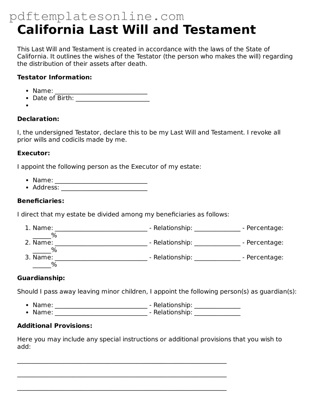 Official California Last Will and Testament Document