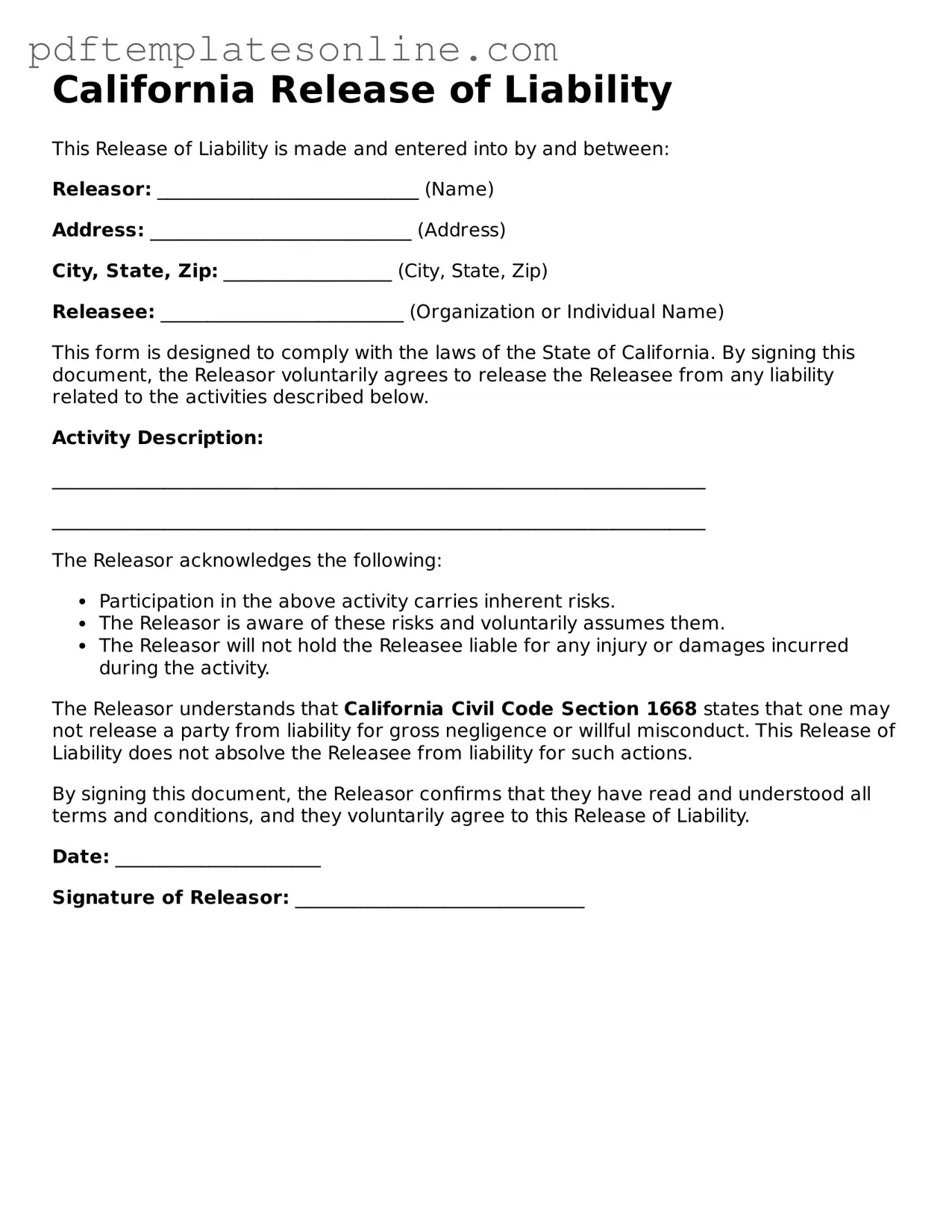 Official California Release of Liability Document