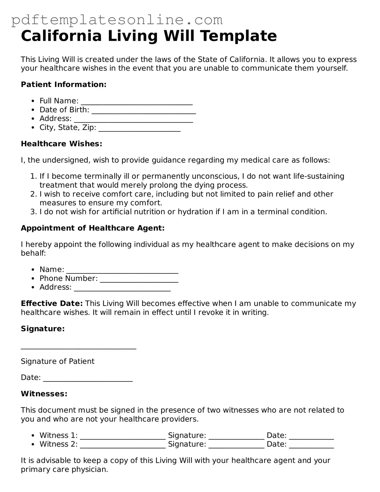 Official California Living Will Document