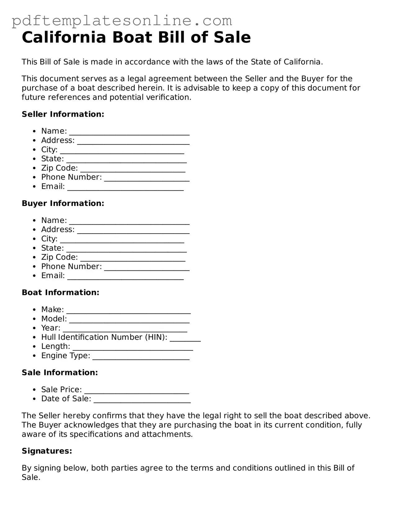 Official California Boat Bill of Sale Document
