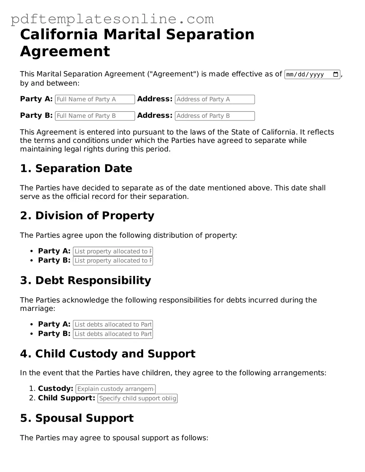 Official California Marital Separation Agreement Document