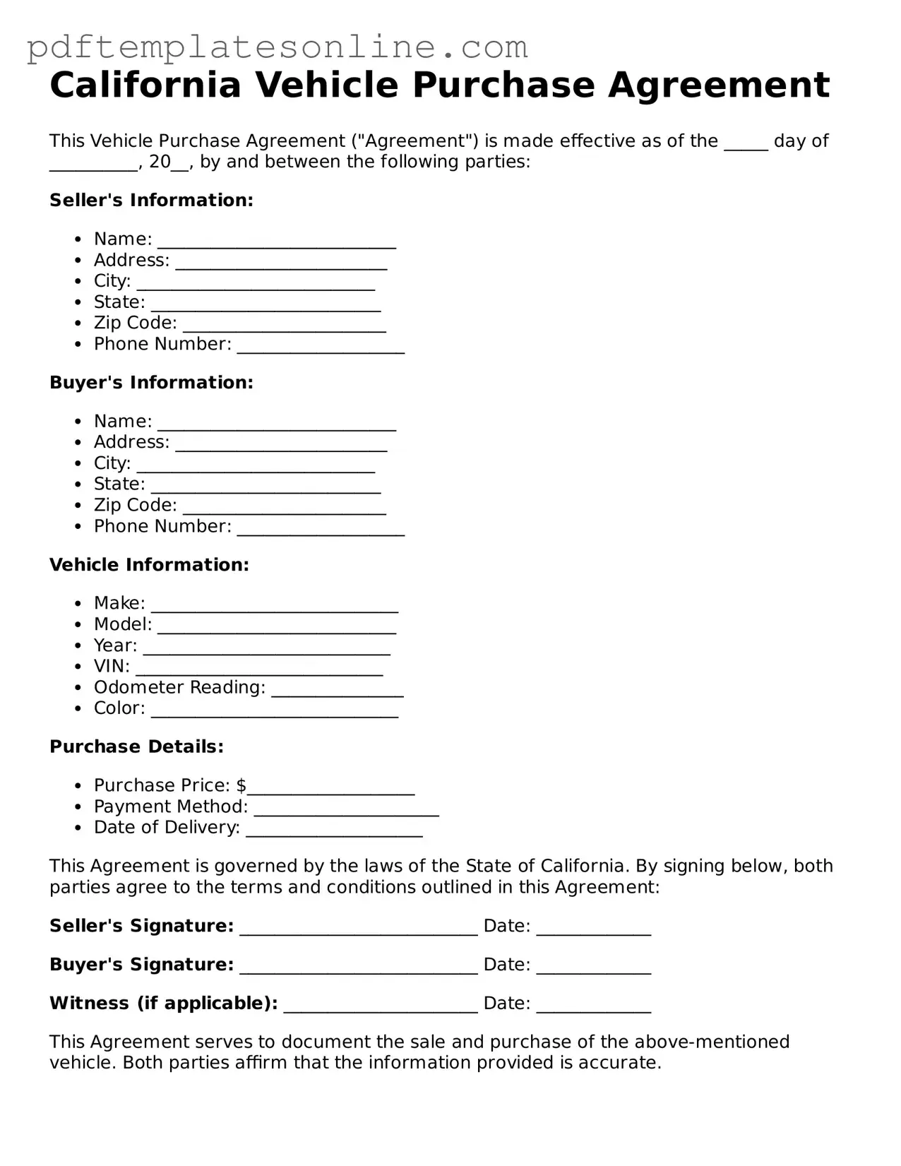 Official California Vehicle Purchase Agreement Document