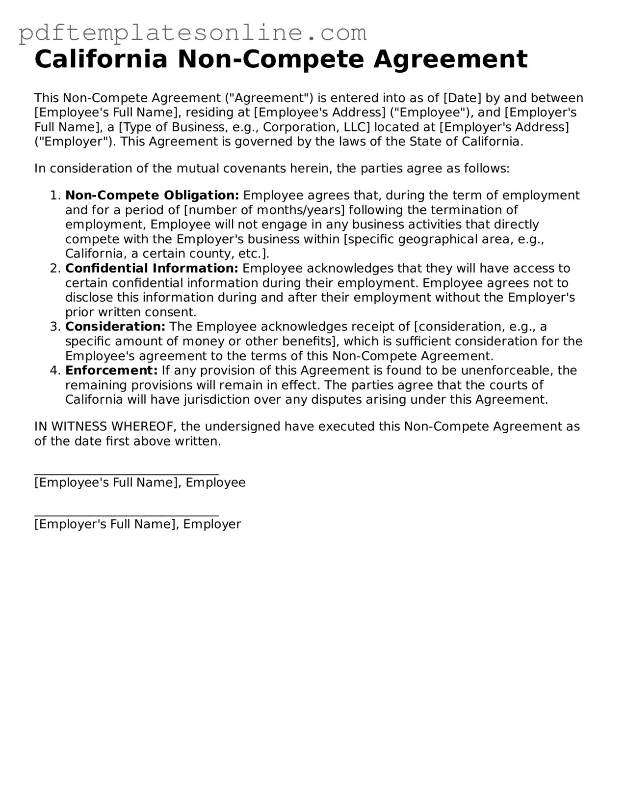 Official California Non-compete Agreement Document