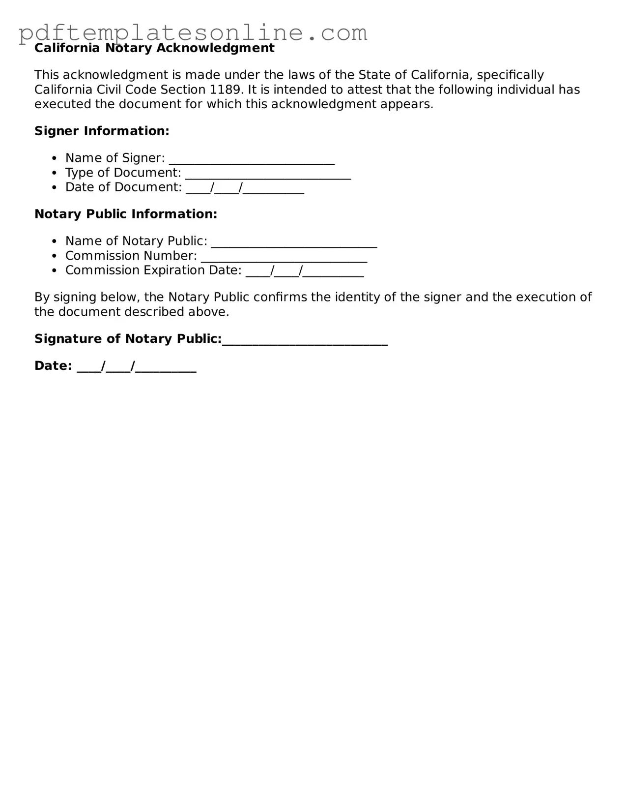 Official California Notary Acknowledgement Document