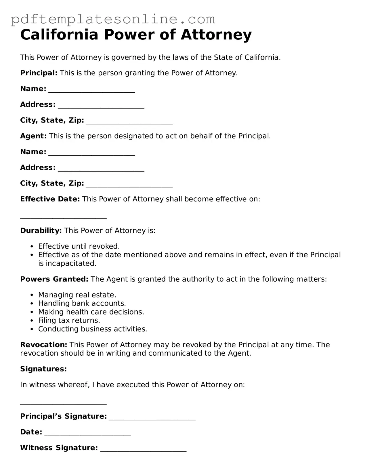 Official California Power of Attorney Document
