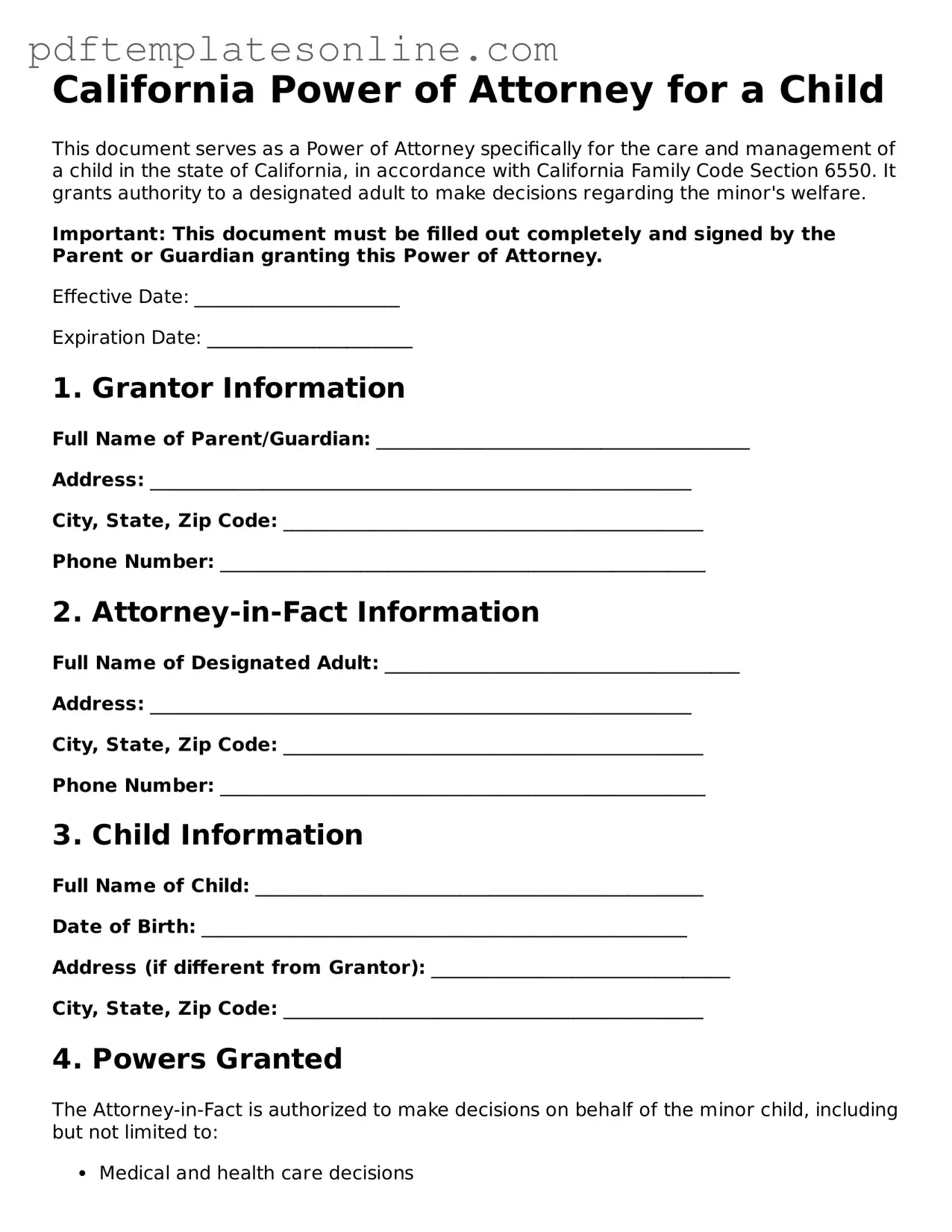 Official California Power of Attorney for a Child Document