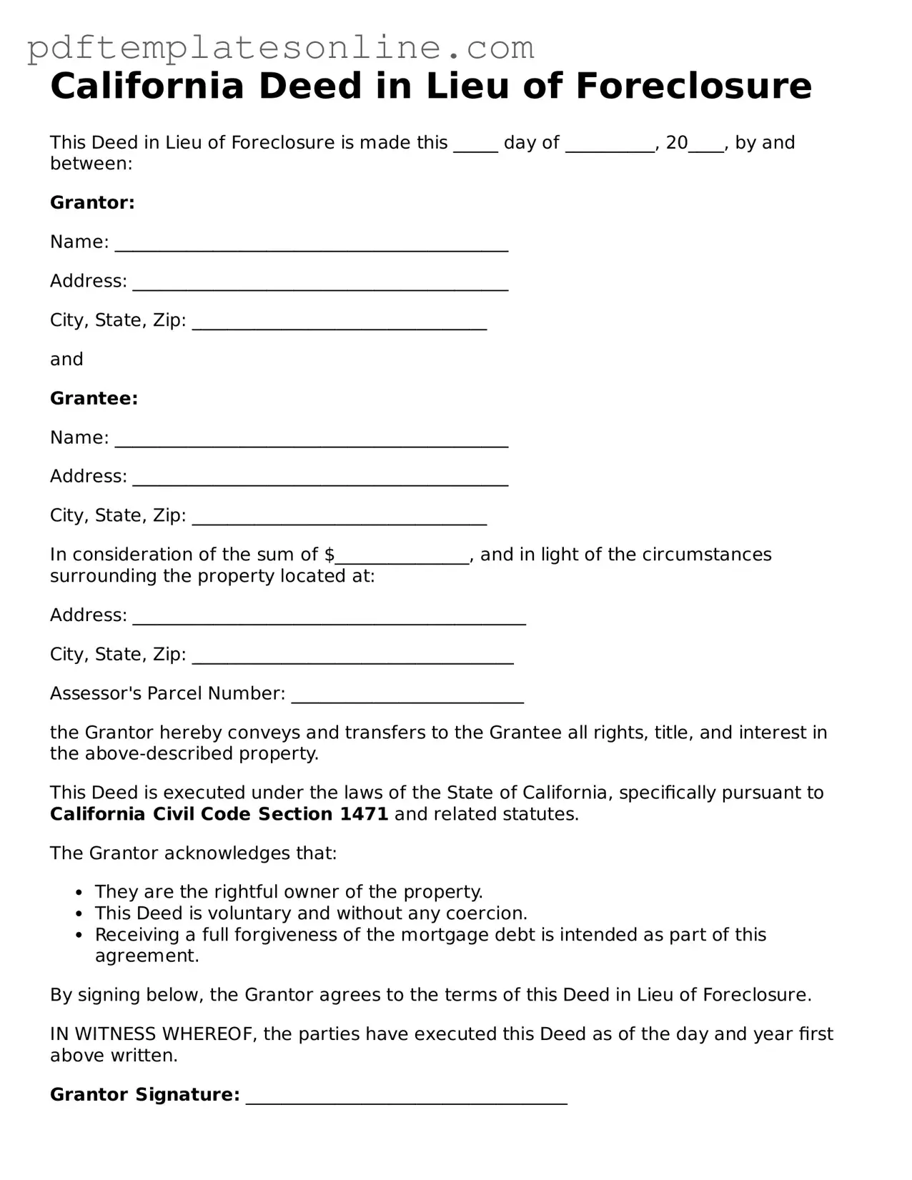 Official California Deed in Lieu of Foreclosure Document