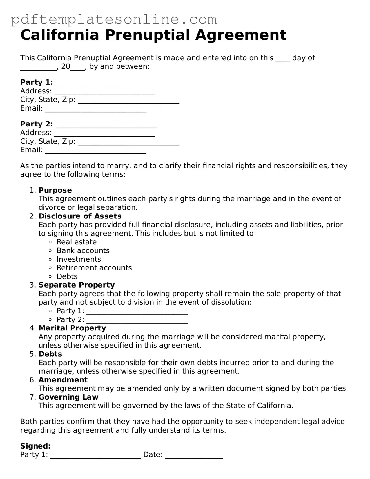 Official California Prenuptial Agreement Document