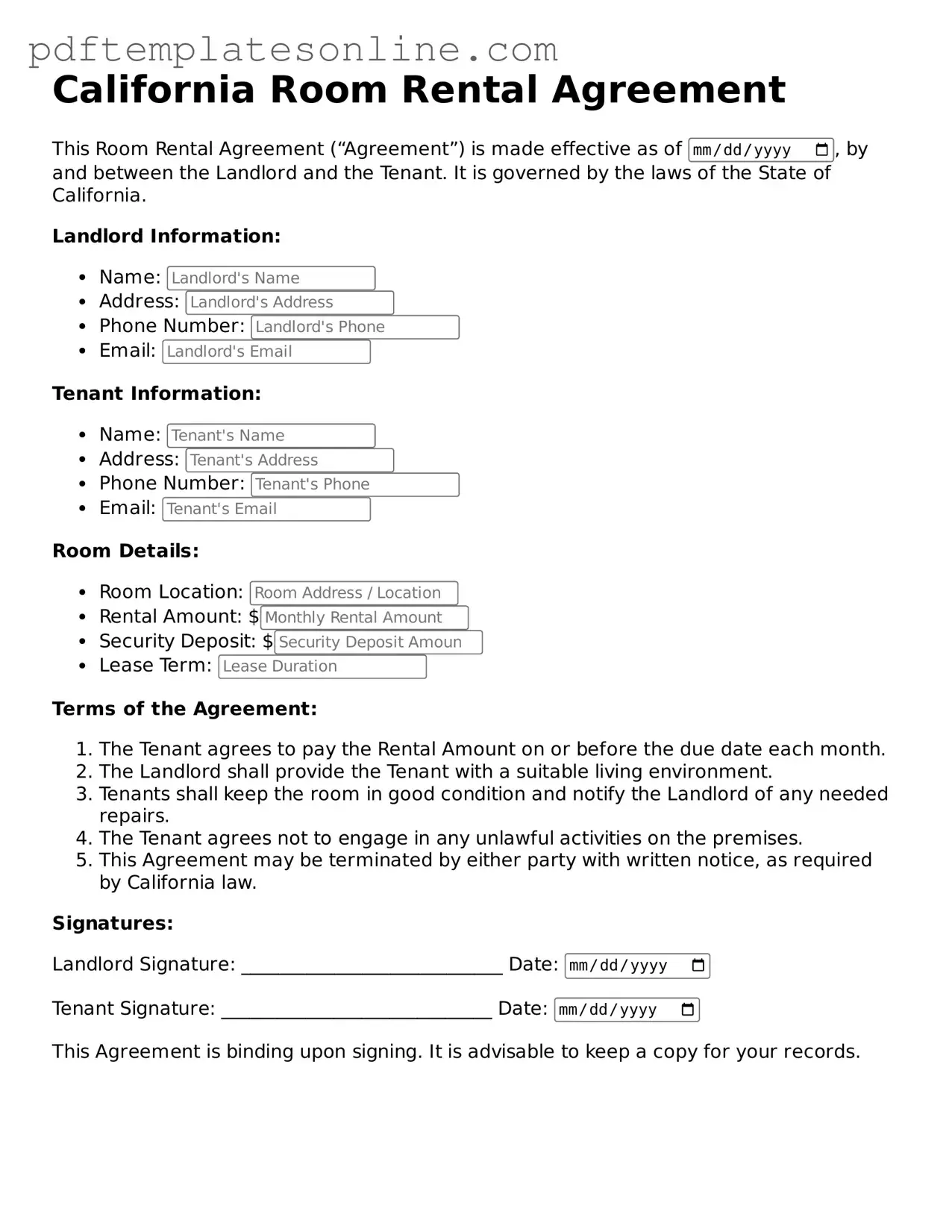 Official California Room Rental Agreement Document