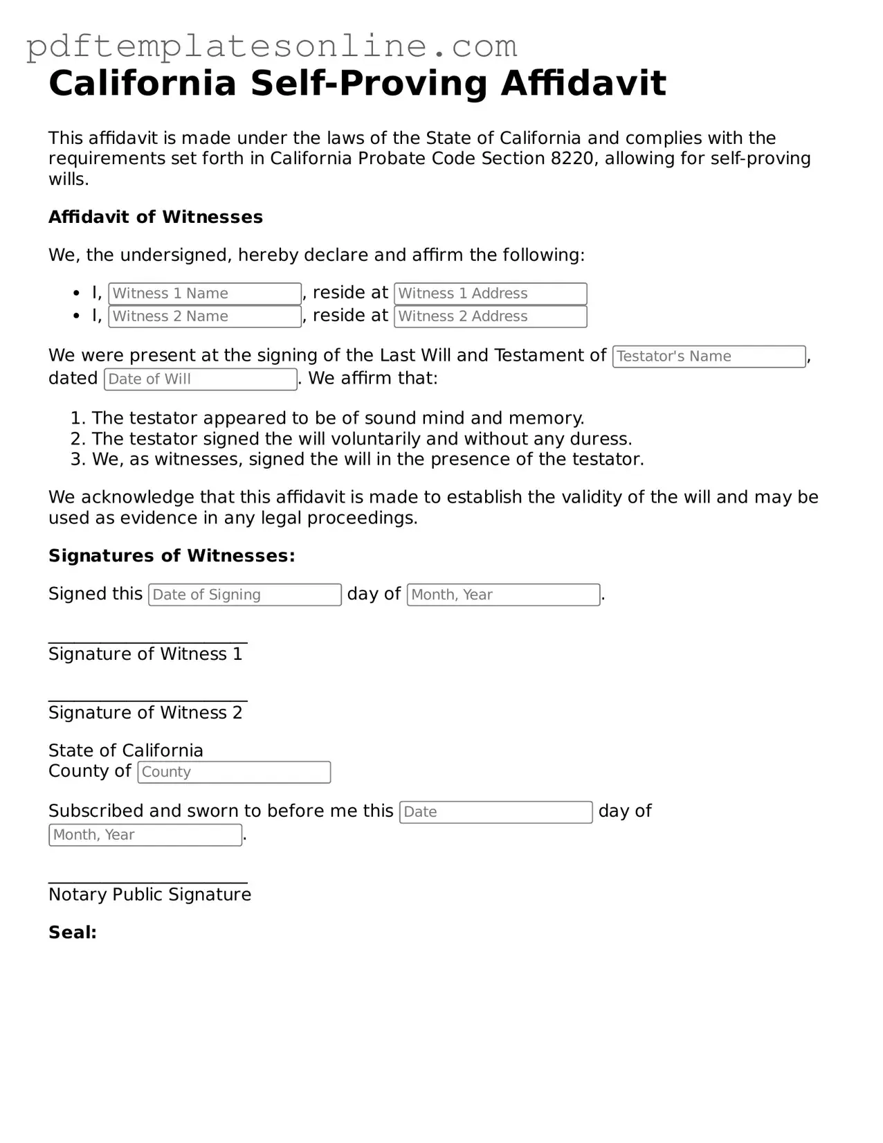 Official California Self-Proving Affidavit Document
