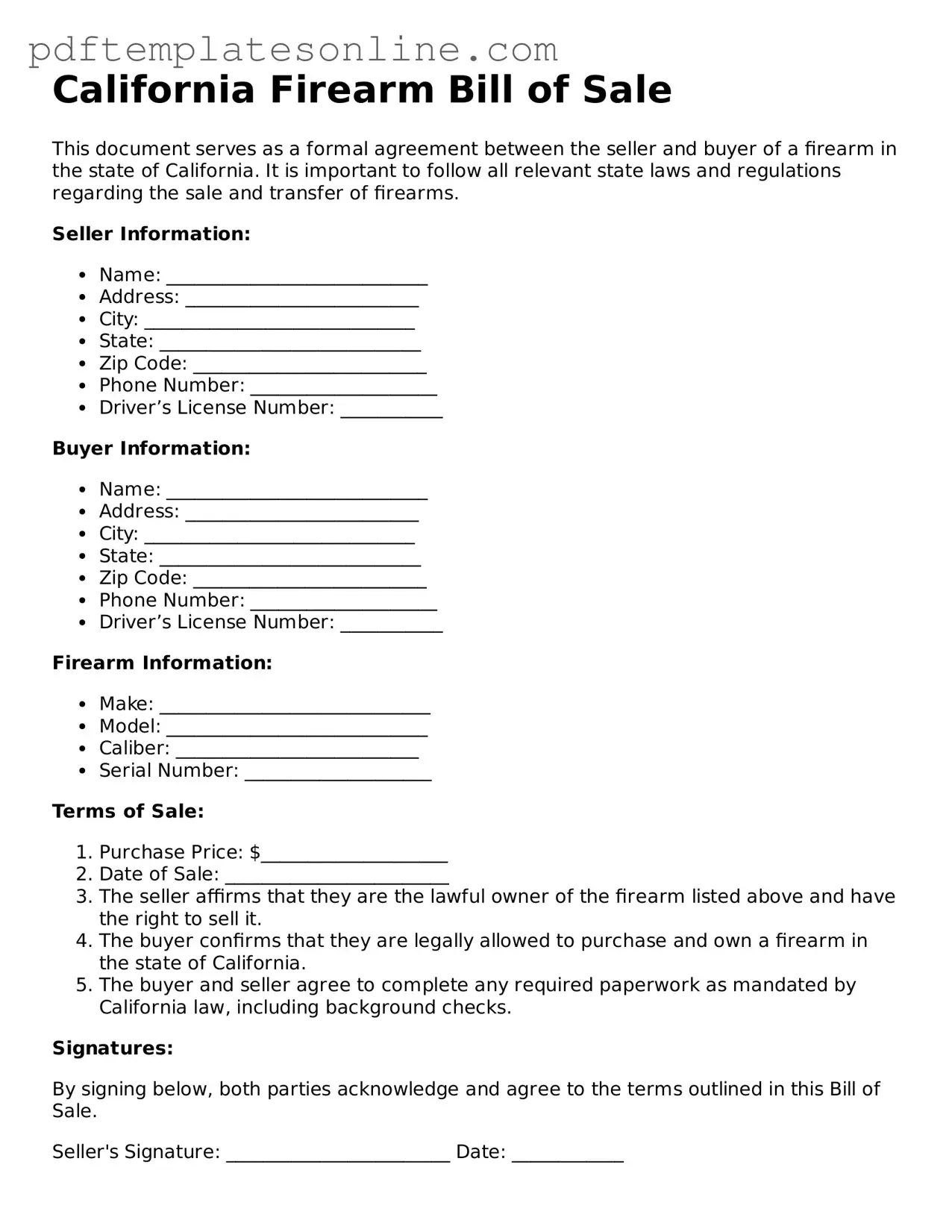 Official California Firearm Bill of Sale Document