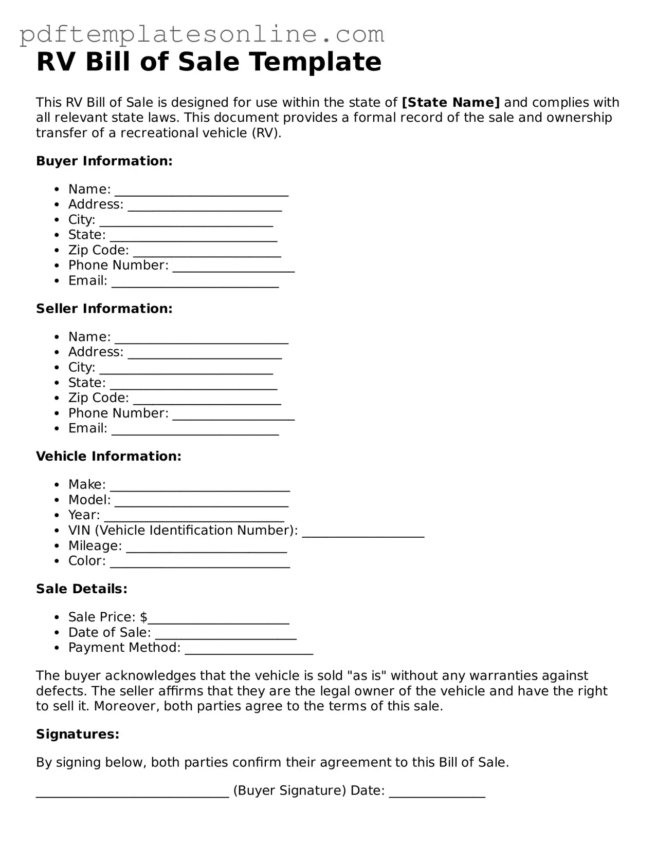 Fillable RV Bill of Sale Document
