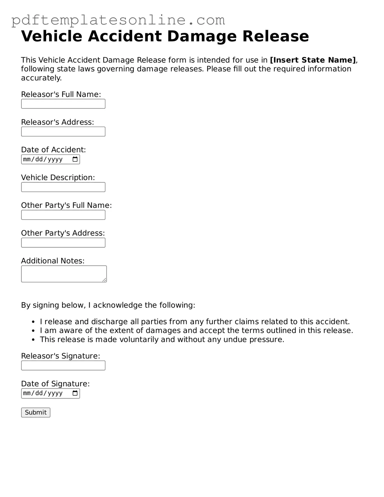 Fillable Vehicle Accident Damage Release Document