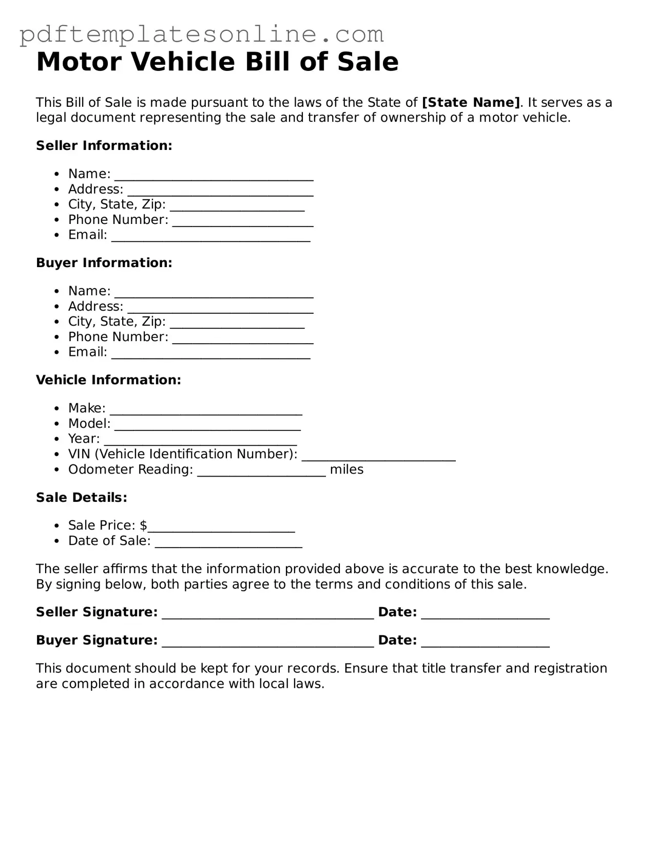 Fillable Motor Vehicle Bill of Sale Document