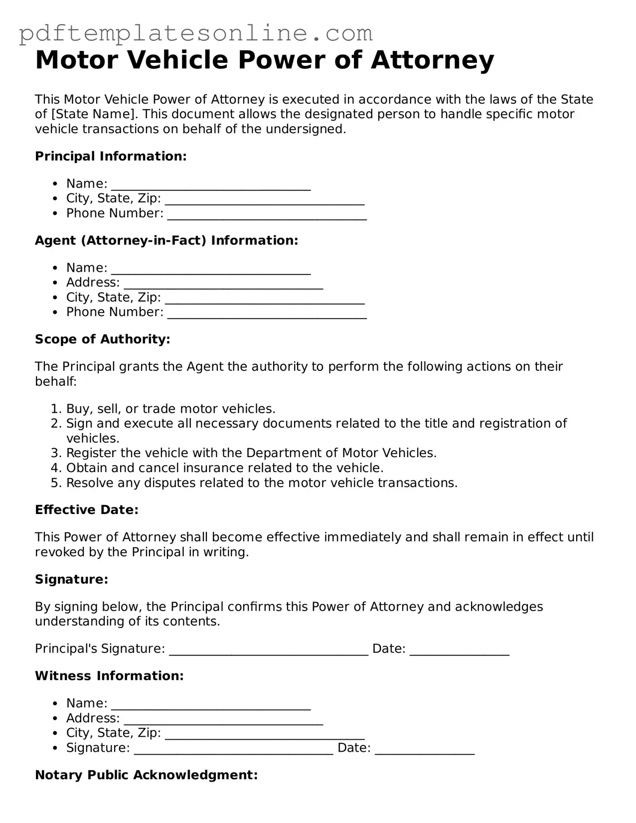 Fillable Motor Vehicle Power of Attorney Document