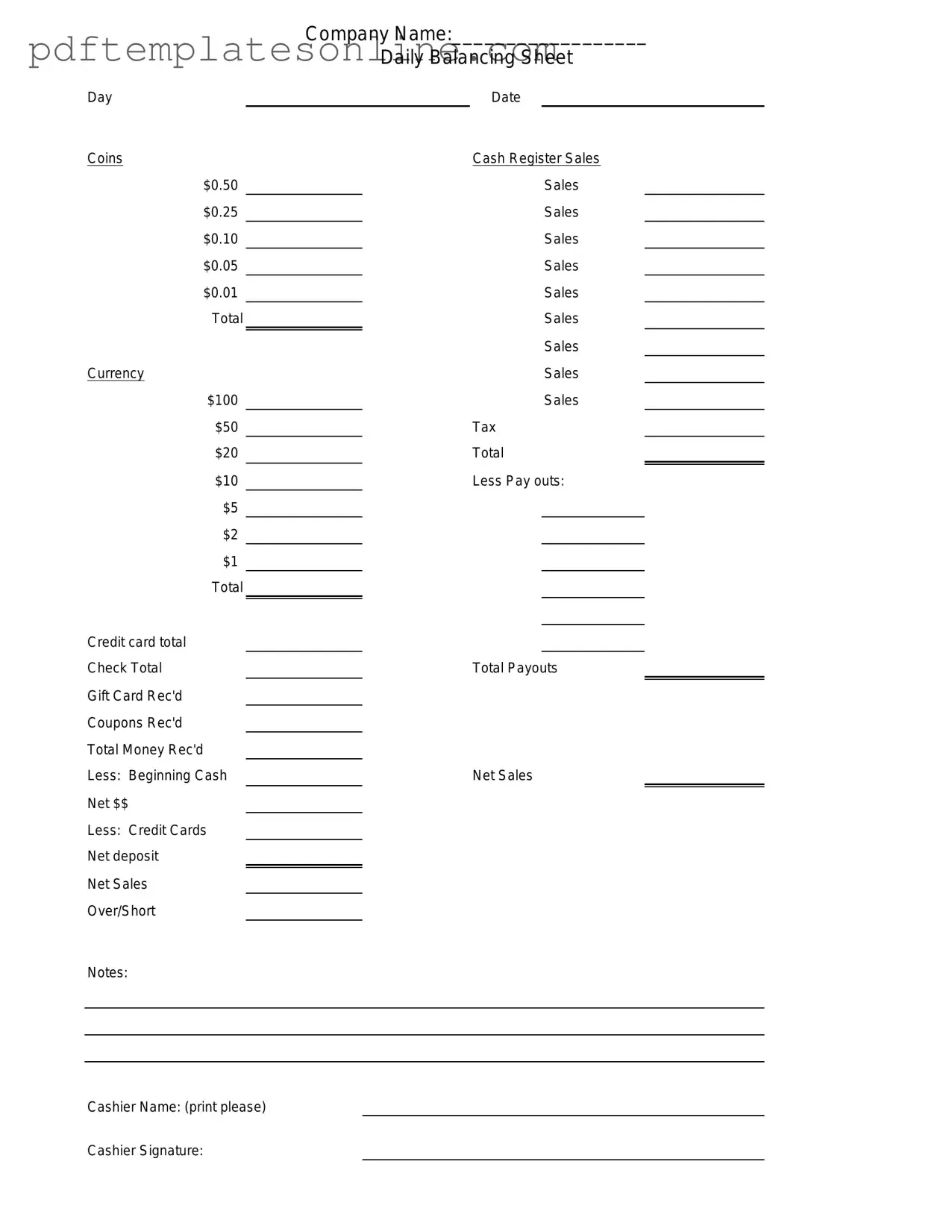 Blank Cash Drawer Count Sheet Form