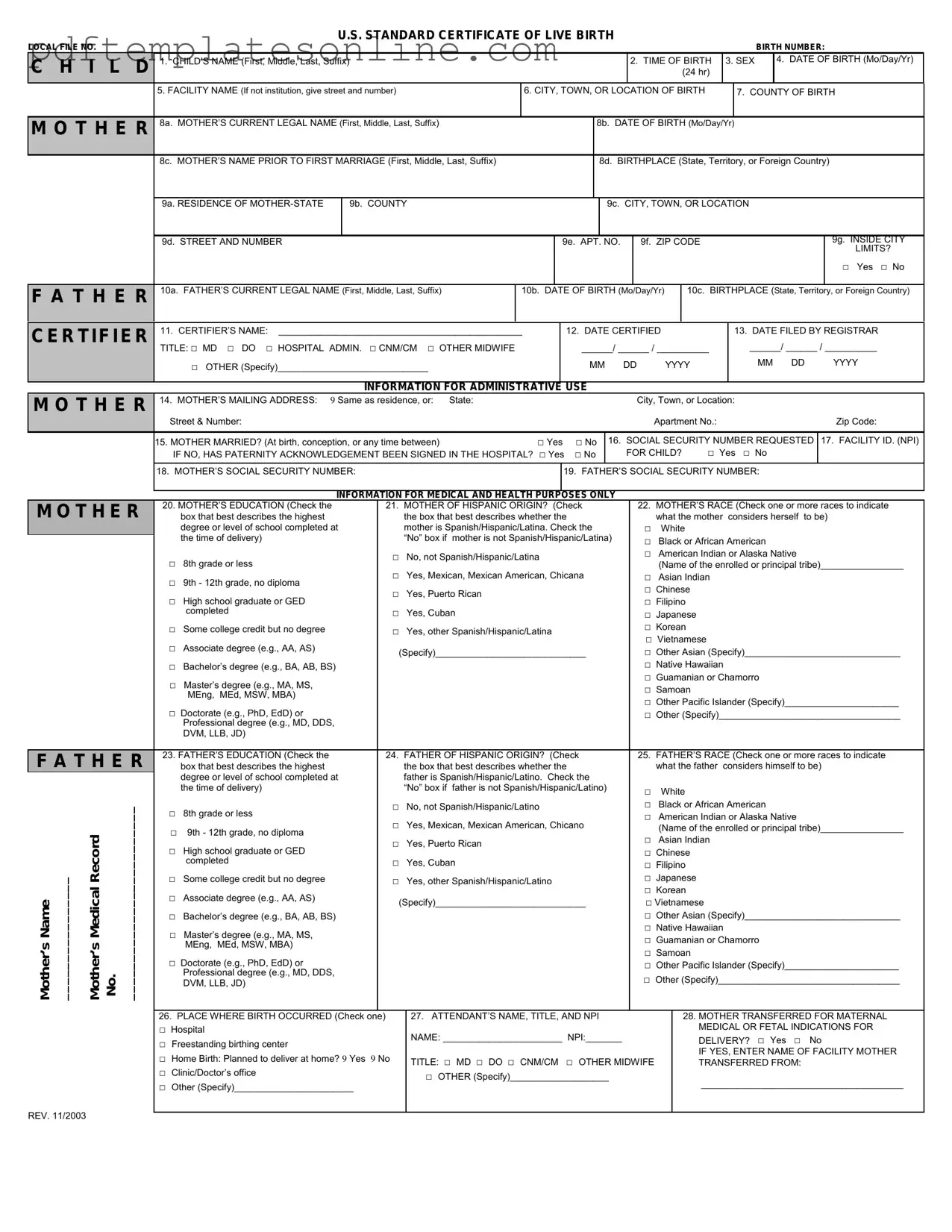 Blank CDC U.S. Standard Certificate of Live Birth Form