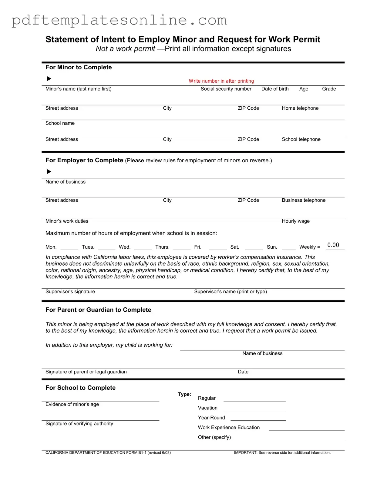 Blank Statement of Intent to Employ Minor and Request for Work Permit Form