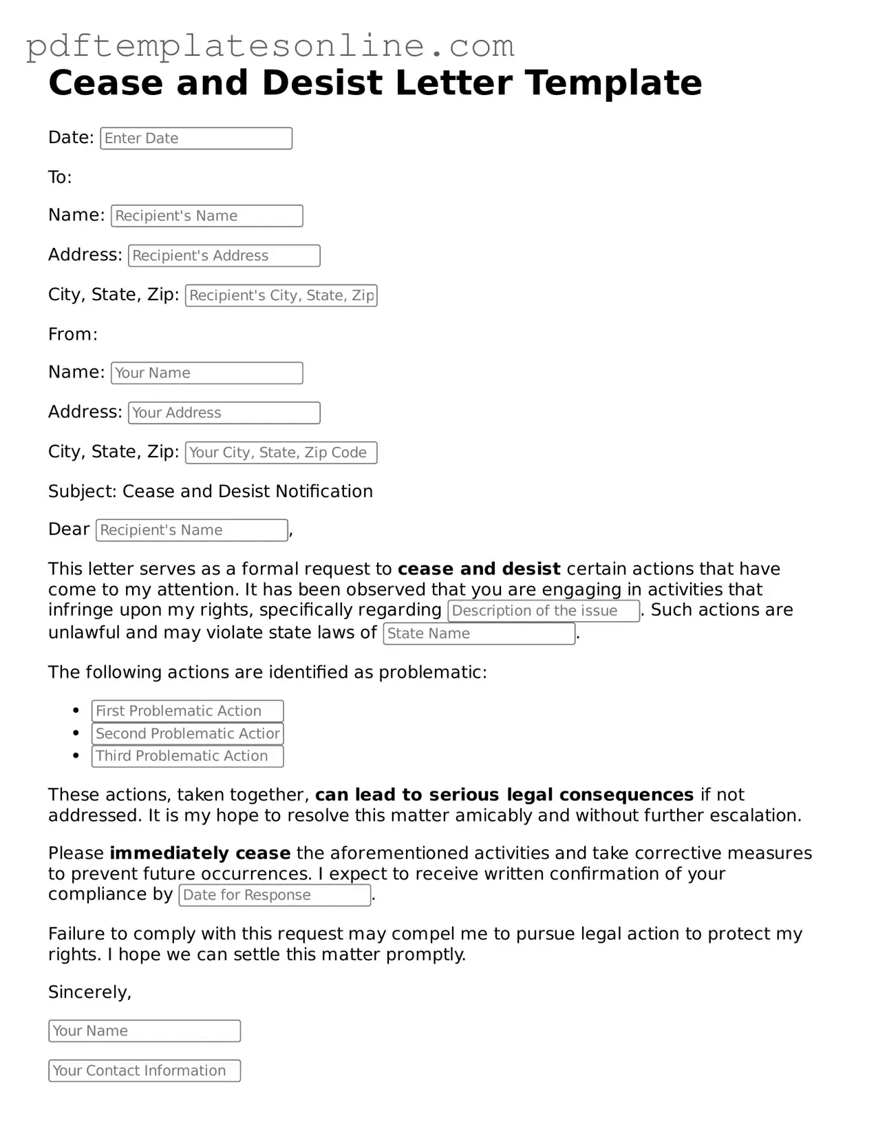 Fillable Cease and Desist Letter Document