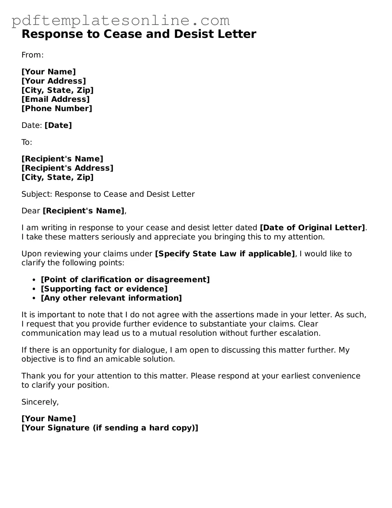 Fillable Response to a Cease and Desist Letter Document