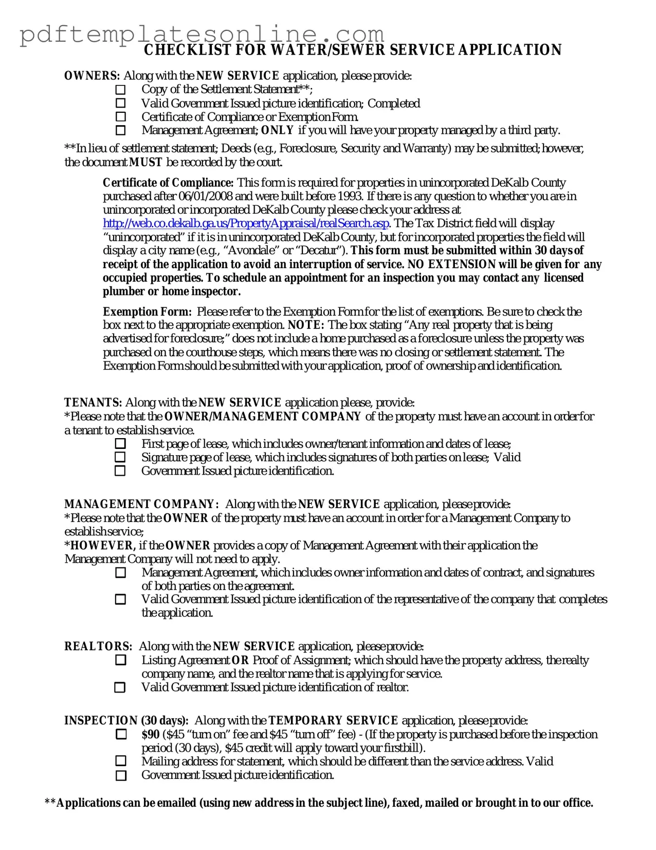 Blank Dekalb County Water Application Form