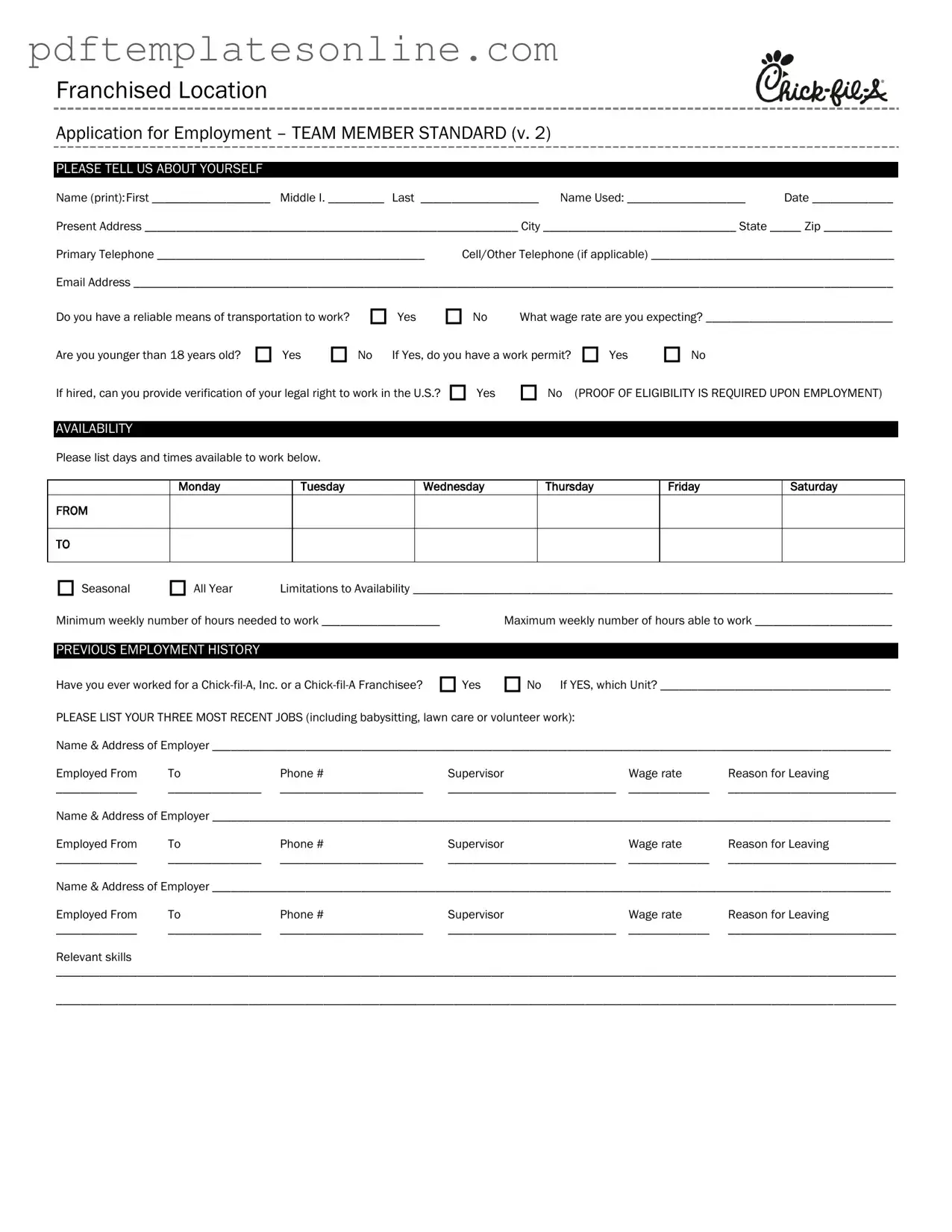 Blank Chick Fil A Job Application Form