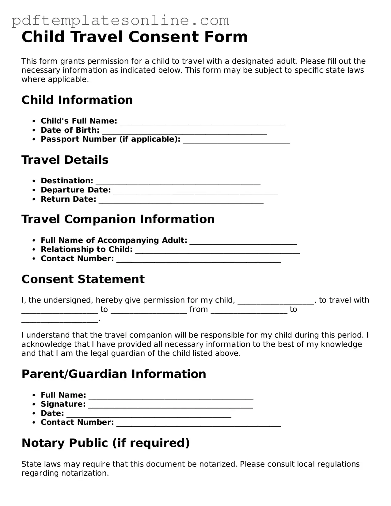 Fillable Child Travel Consent Form Document