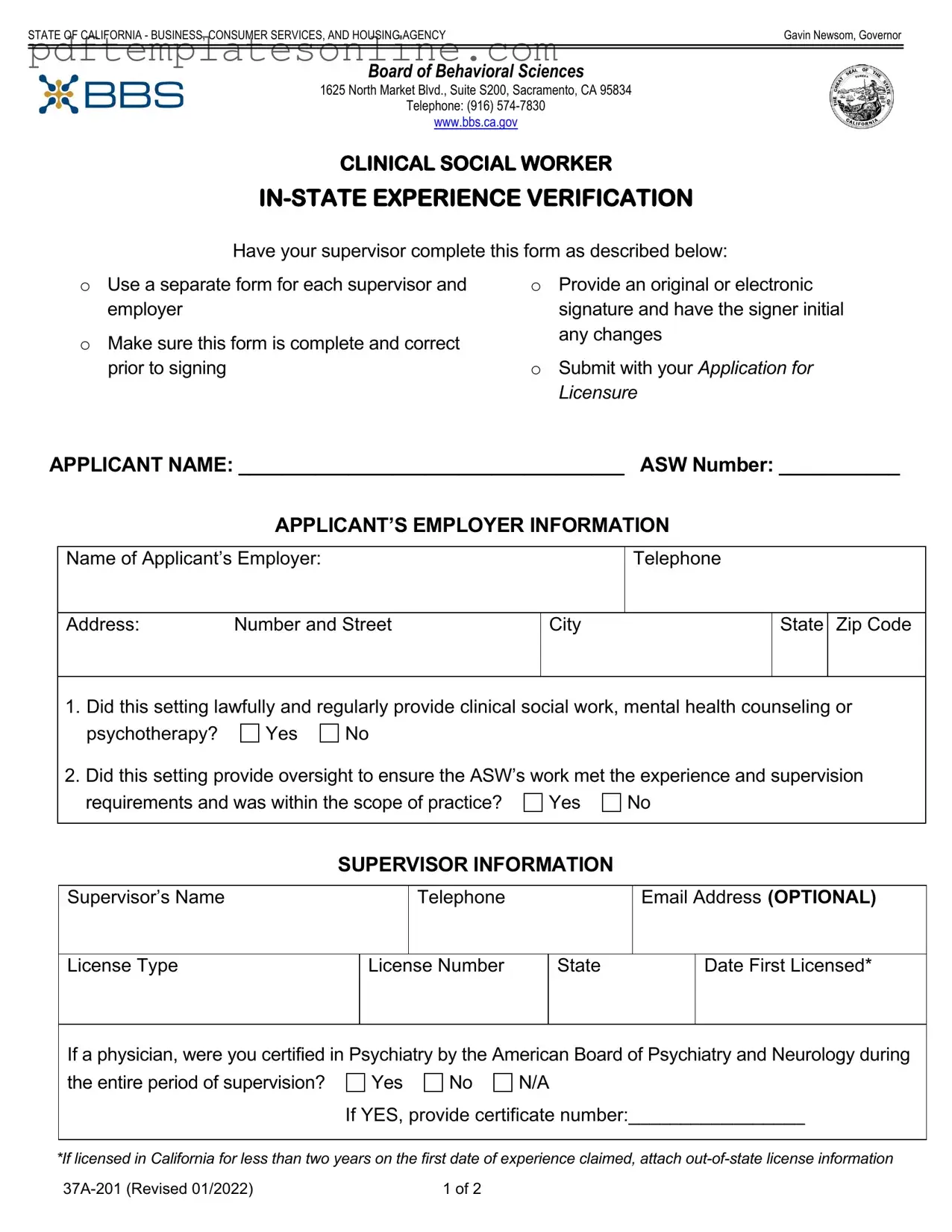 Blank Clinical Social Experience Verification Form