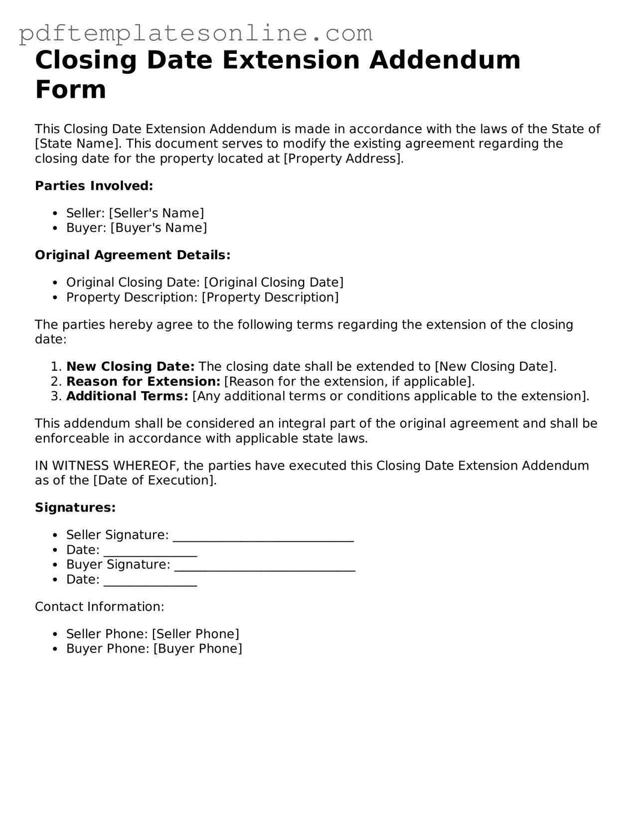 Fillable Closing Date Extension Addendum Form Document