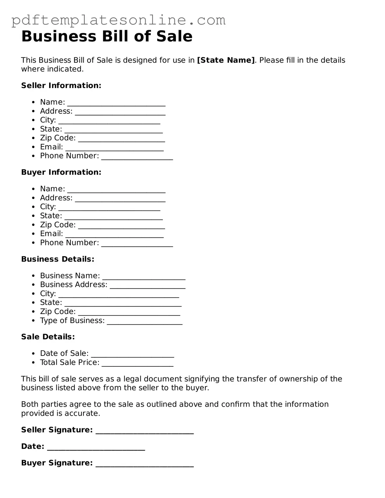 Fillable Business Bill of Sale Document
