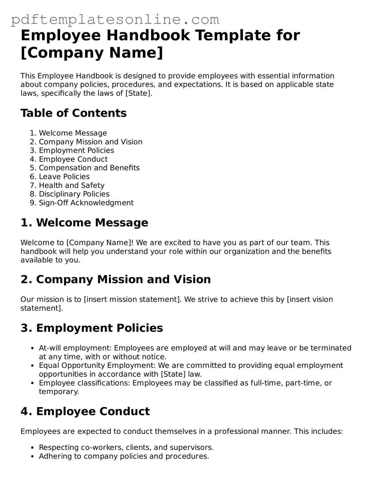 Fillable Employee Handbook Document
