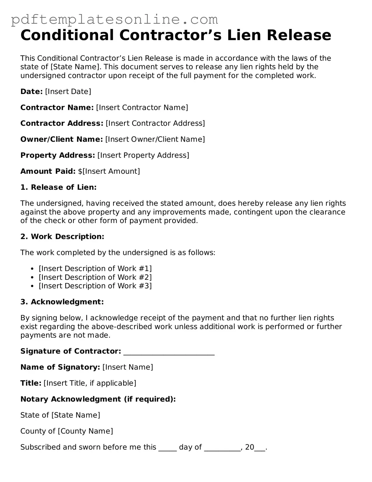 Fillable Conditional Contractor’s Lien Release Document