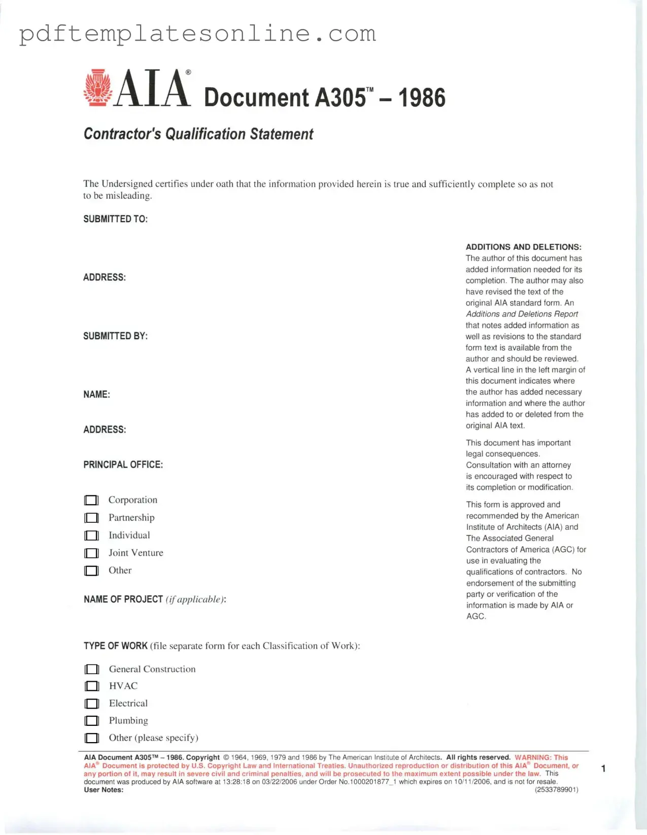 Blank AIA A305 Form