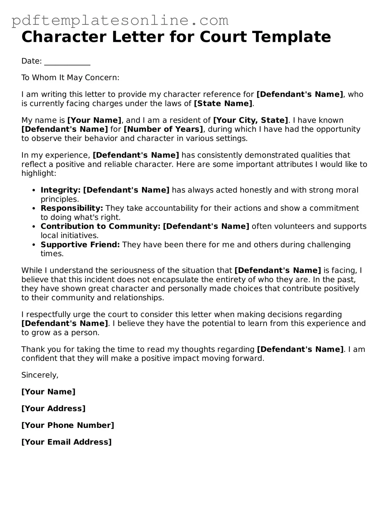 Fillable Character Letter for Court Document