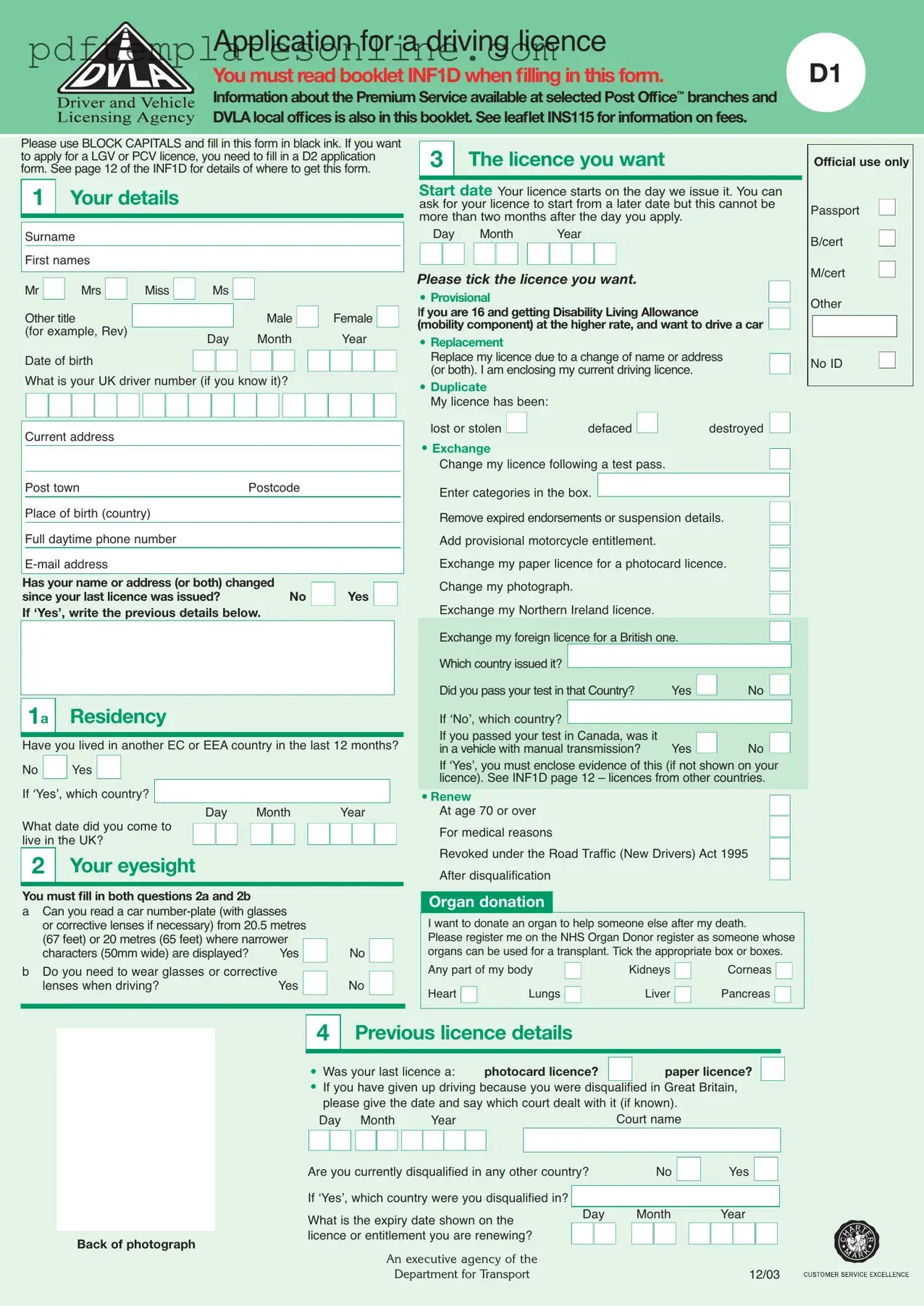 Blank D1 Dvla Form
