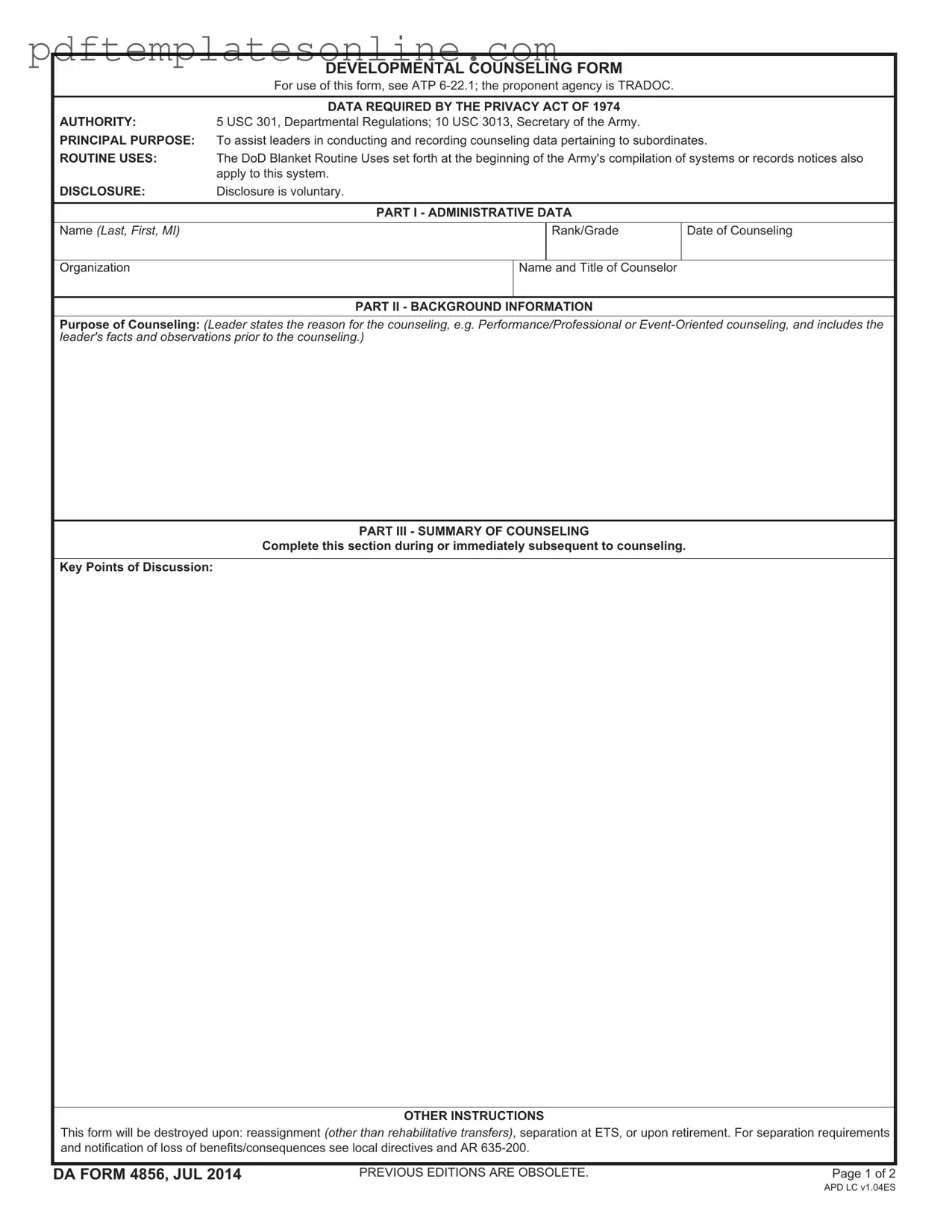 Blank DA 4856 Form