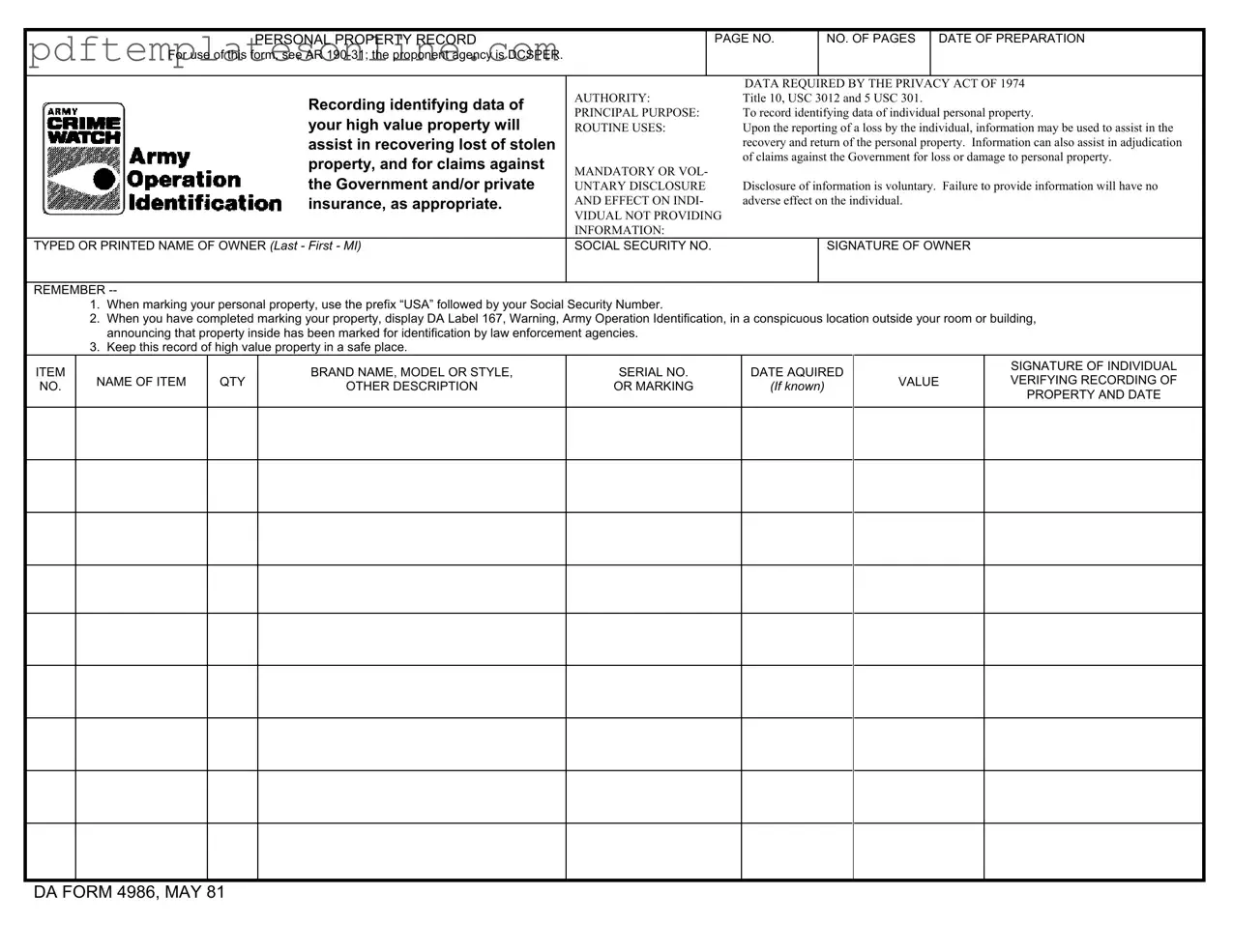 Blank Da 4986 Form