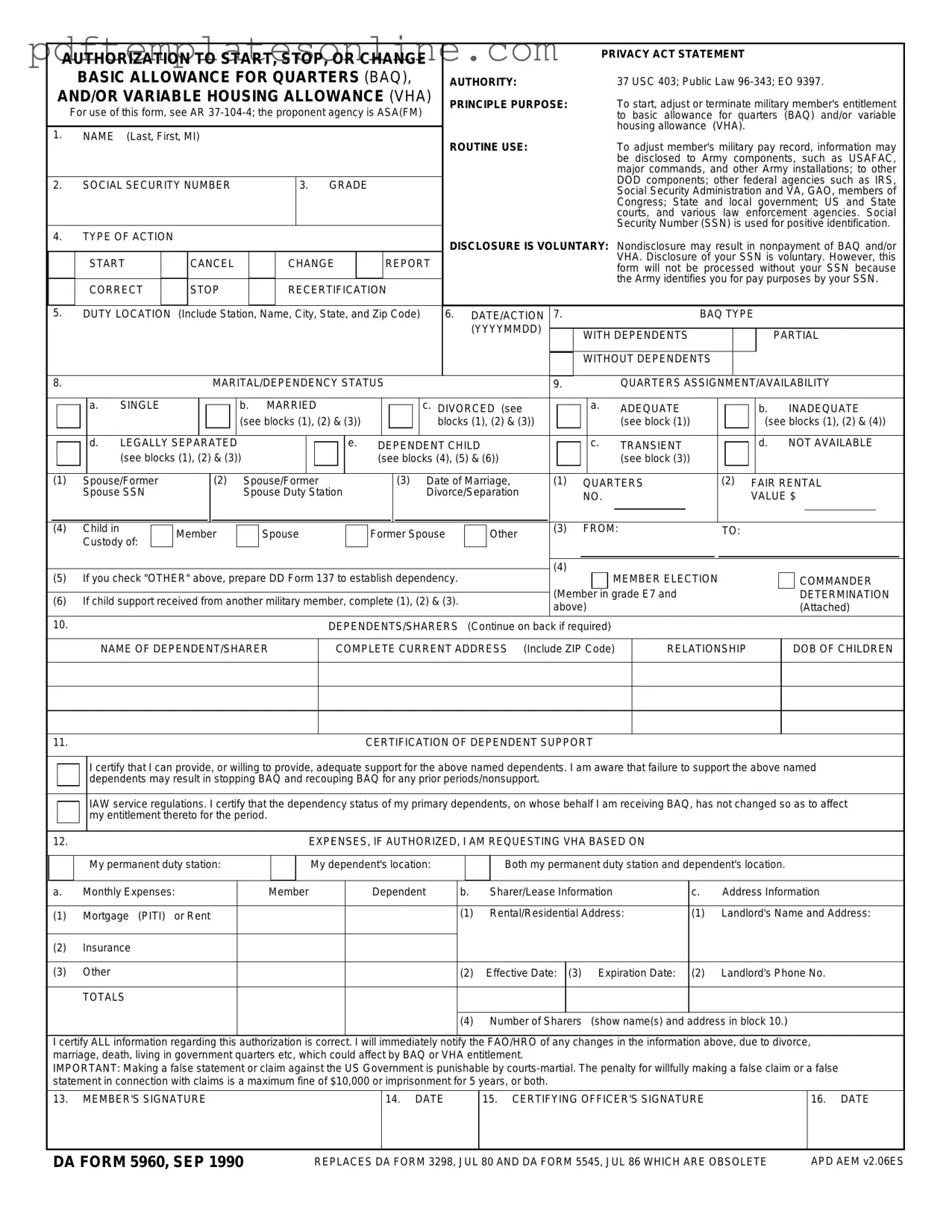 Blank DA 5960 Form