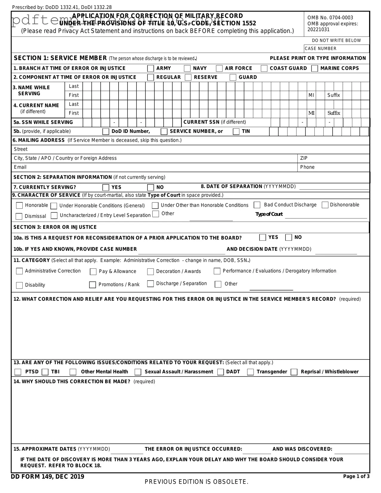 Blank DD 149 Form