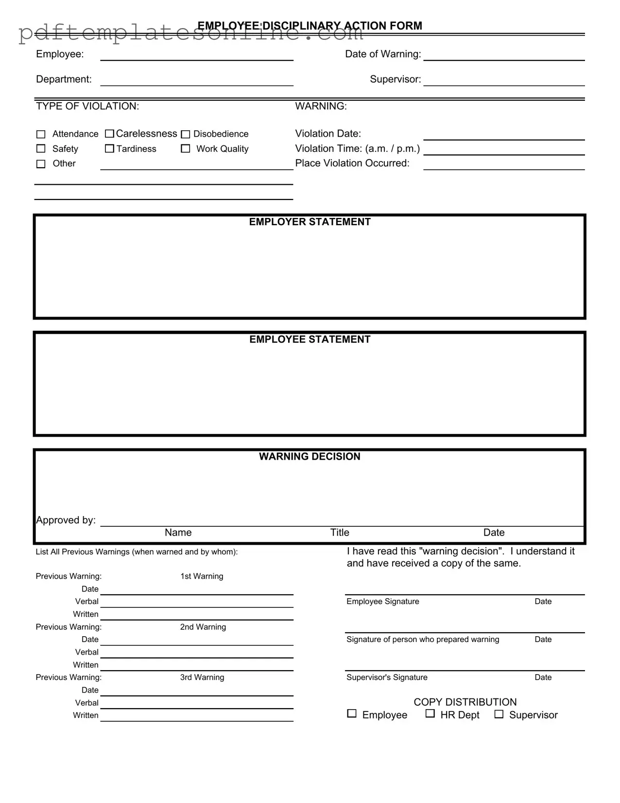 Blank Disciplinary Action Form