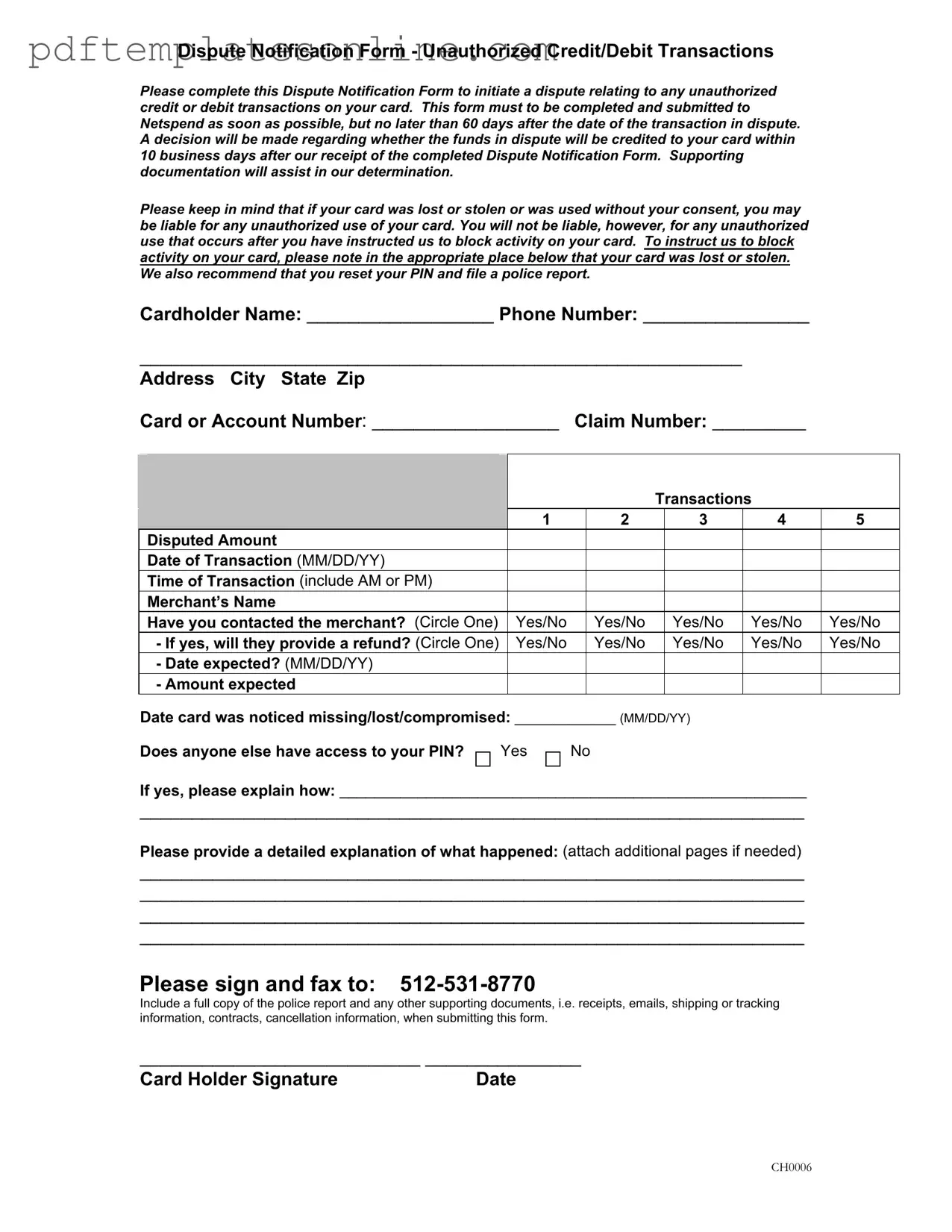 Blank Netspend Dispute Form