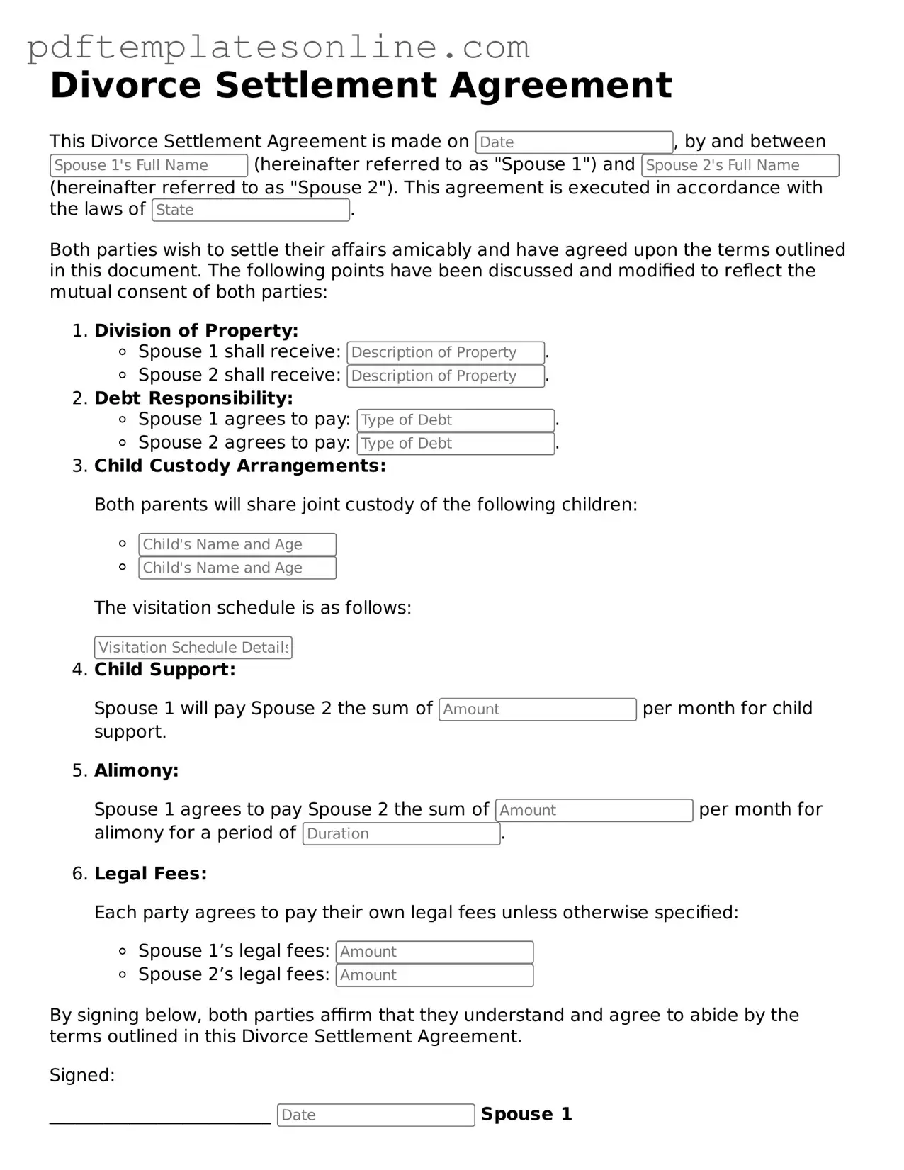 Fillable Divorce Settlement Agreement Document