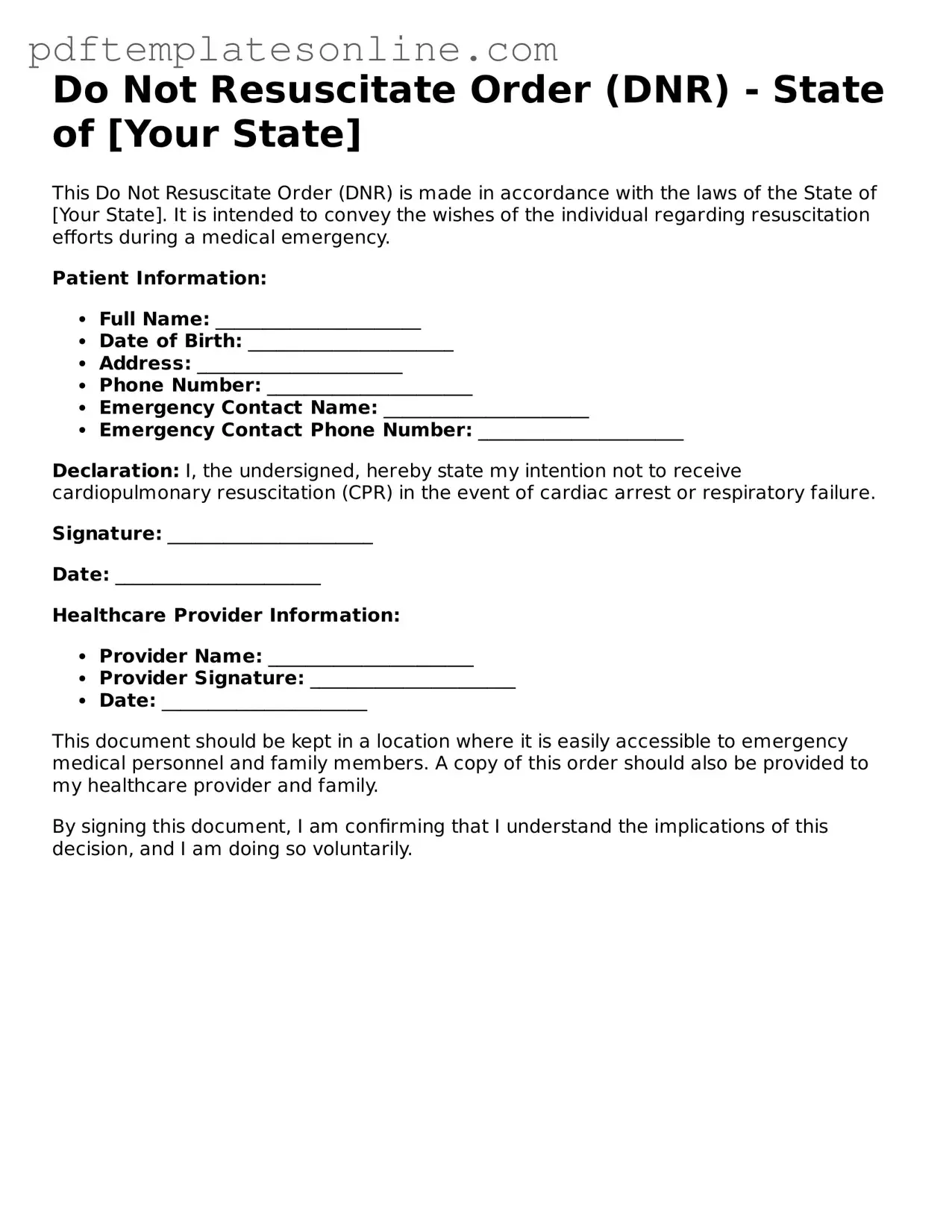 Fillable Do Not Resuscitate Order Document
