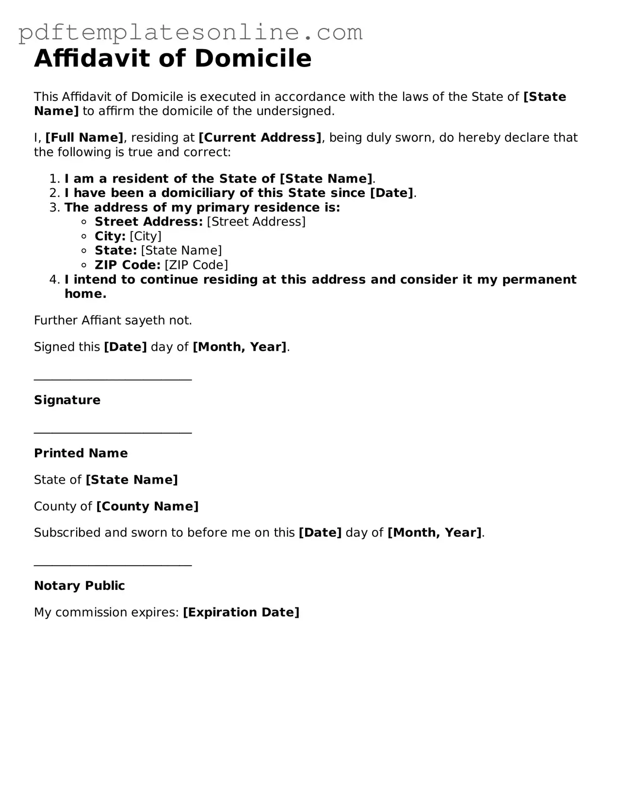 Fillable Affidavit of Domicile Document