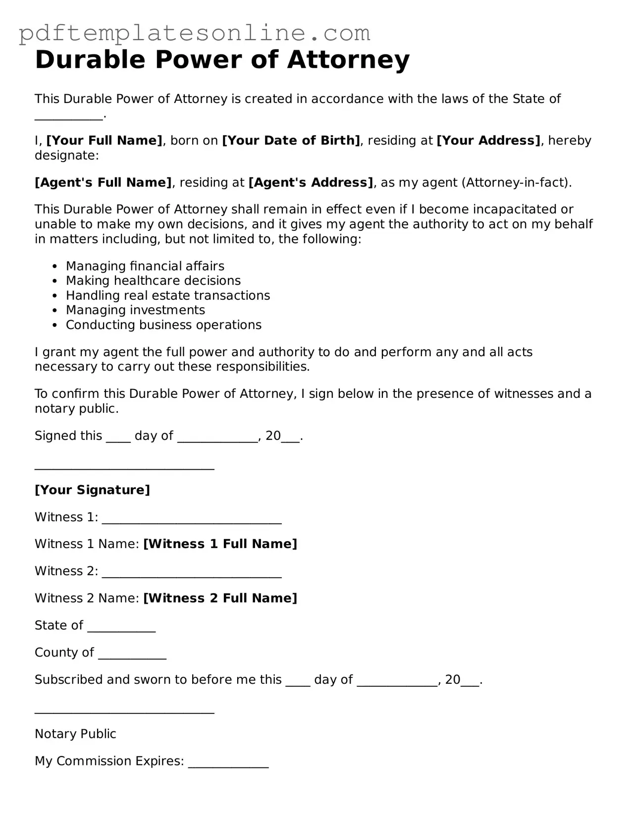 Fillable Durable Power of Attorney Document