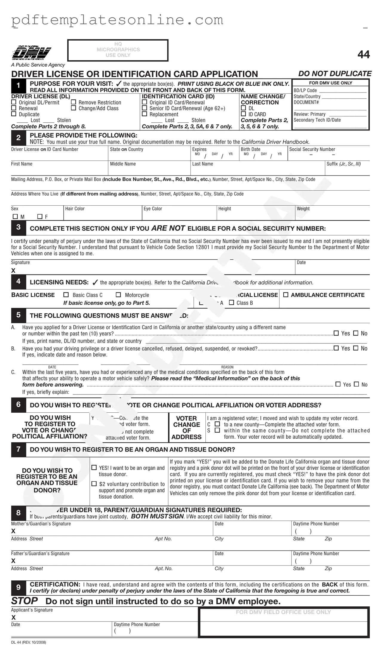 Blank Ca Dmv Dl 44 Form