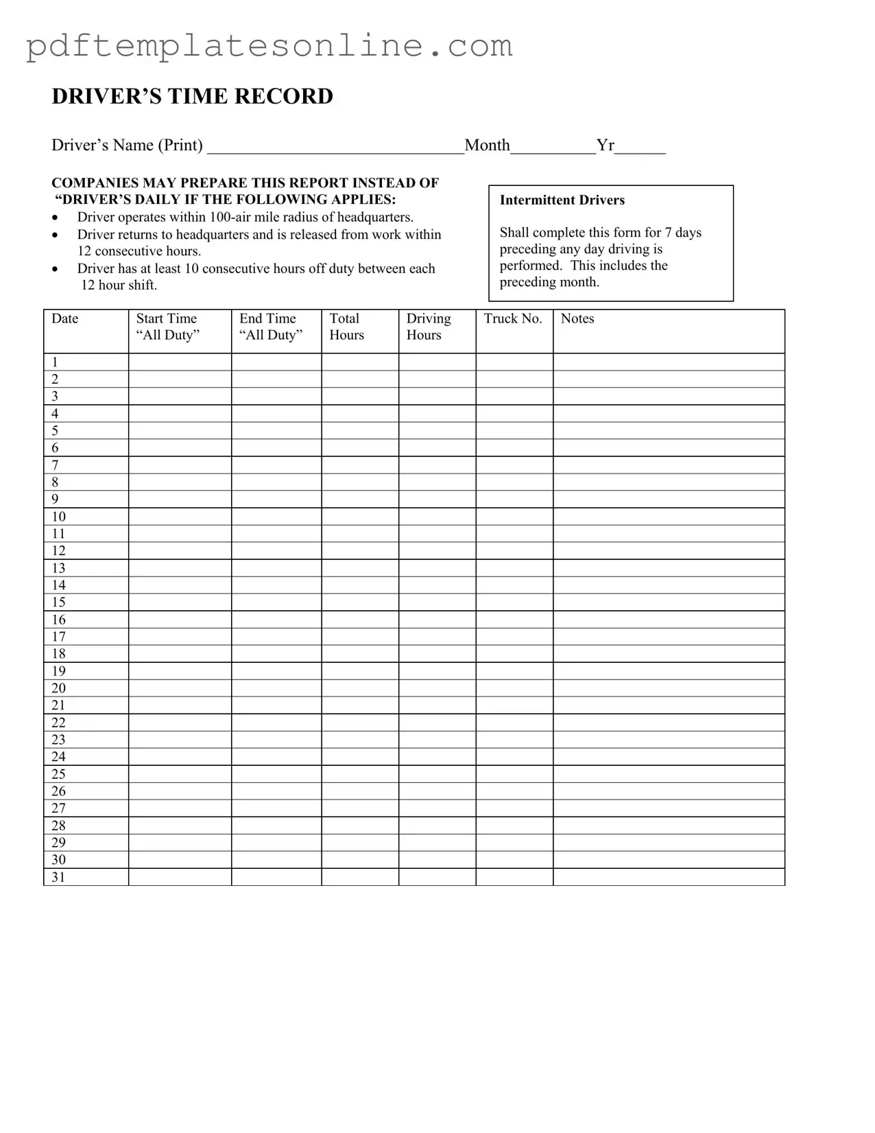 Blank Driver Time Record Form