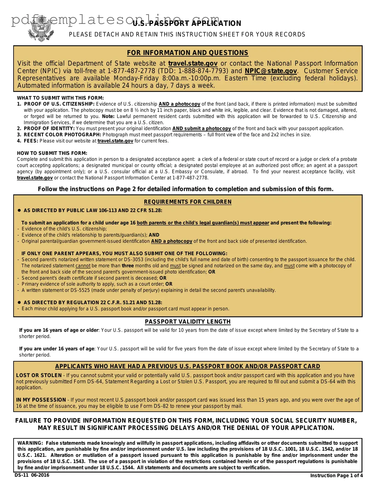 Blank DS-11 U.S. Passport application Form