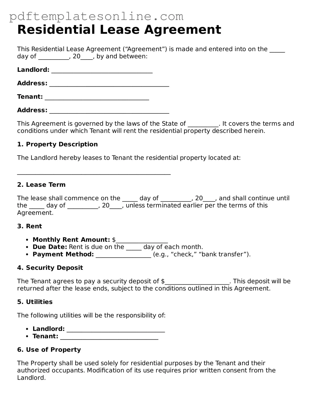 Fillable Residential Lease Agreement Document